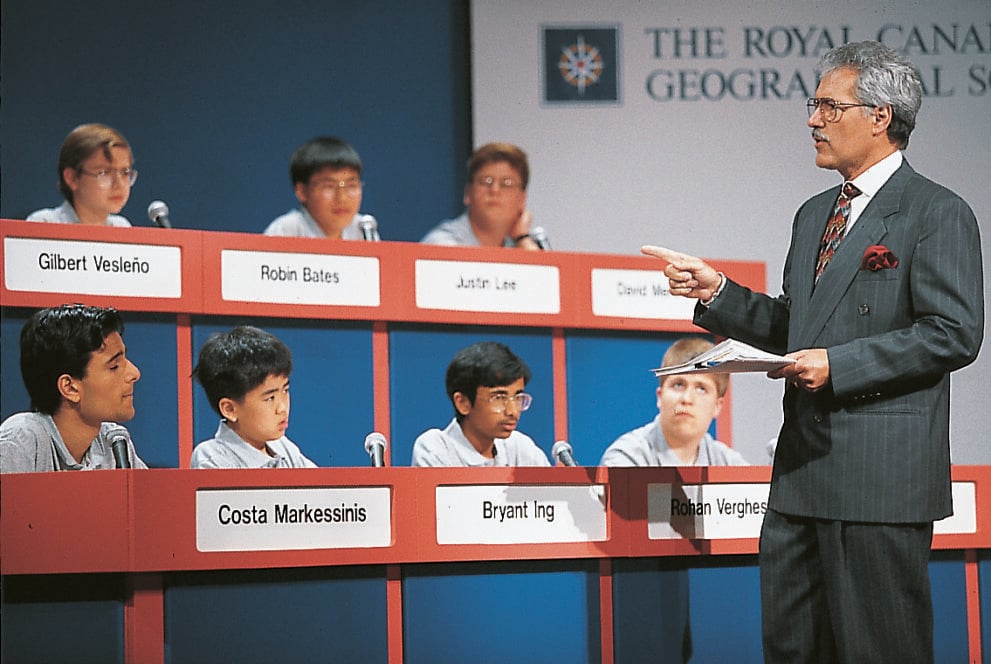 Alex Trebek speaks to competitors in the Great Canadian Geography Challenge.